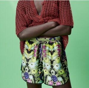 Zara Floral High Waist Satin Effect Shorts